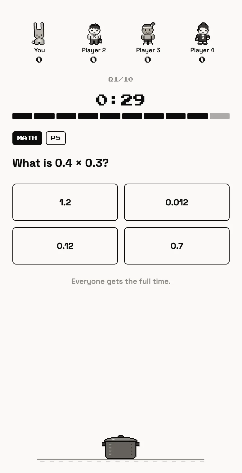 A Chimology question on a phone: What is 0.4 × 0.3? with four answers and a countdown